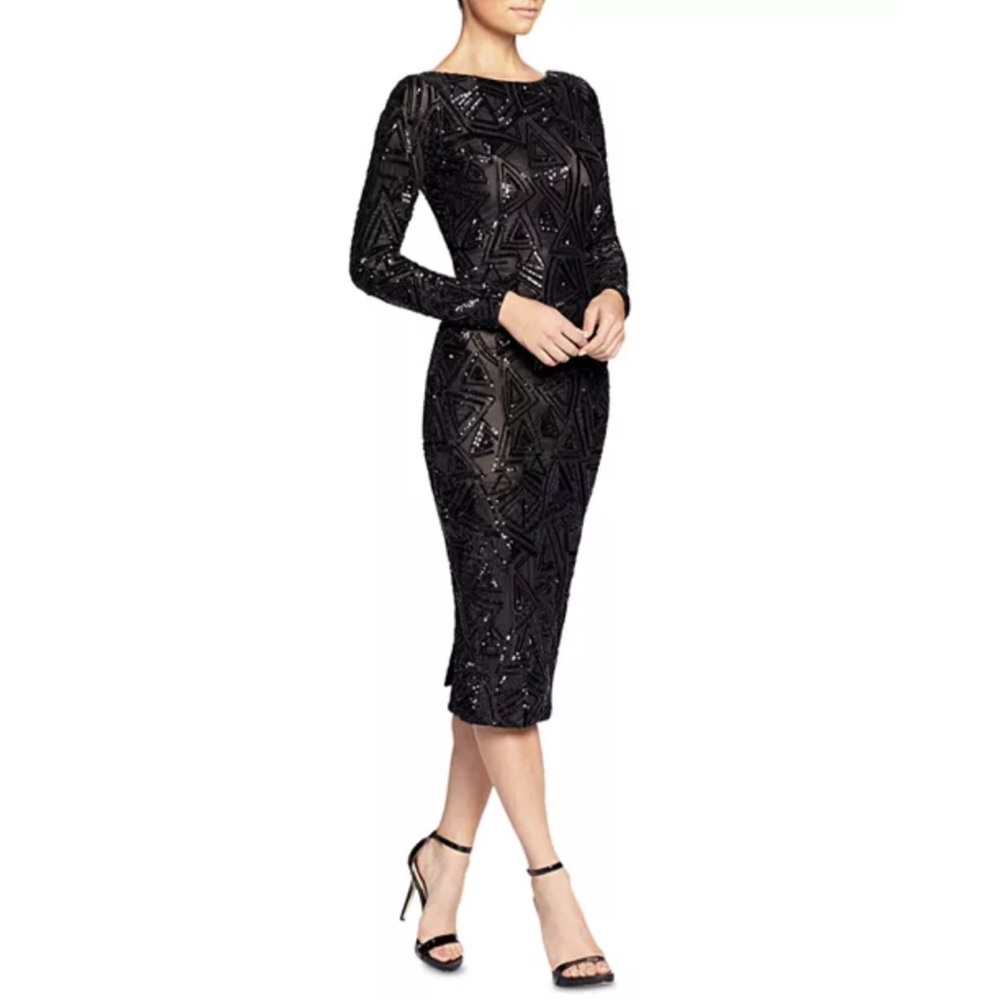 NWT Dress the Population Emery Black Long Sleeve Sequin Midi Dress